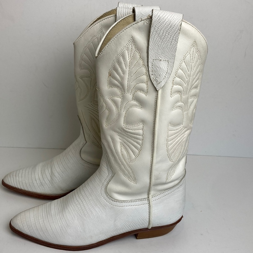 Vintage Brass Plum White Genuine Leather Cowboy Boots 6.5 Rodeo 80’s Rockabilly